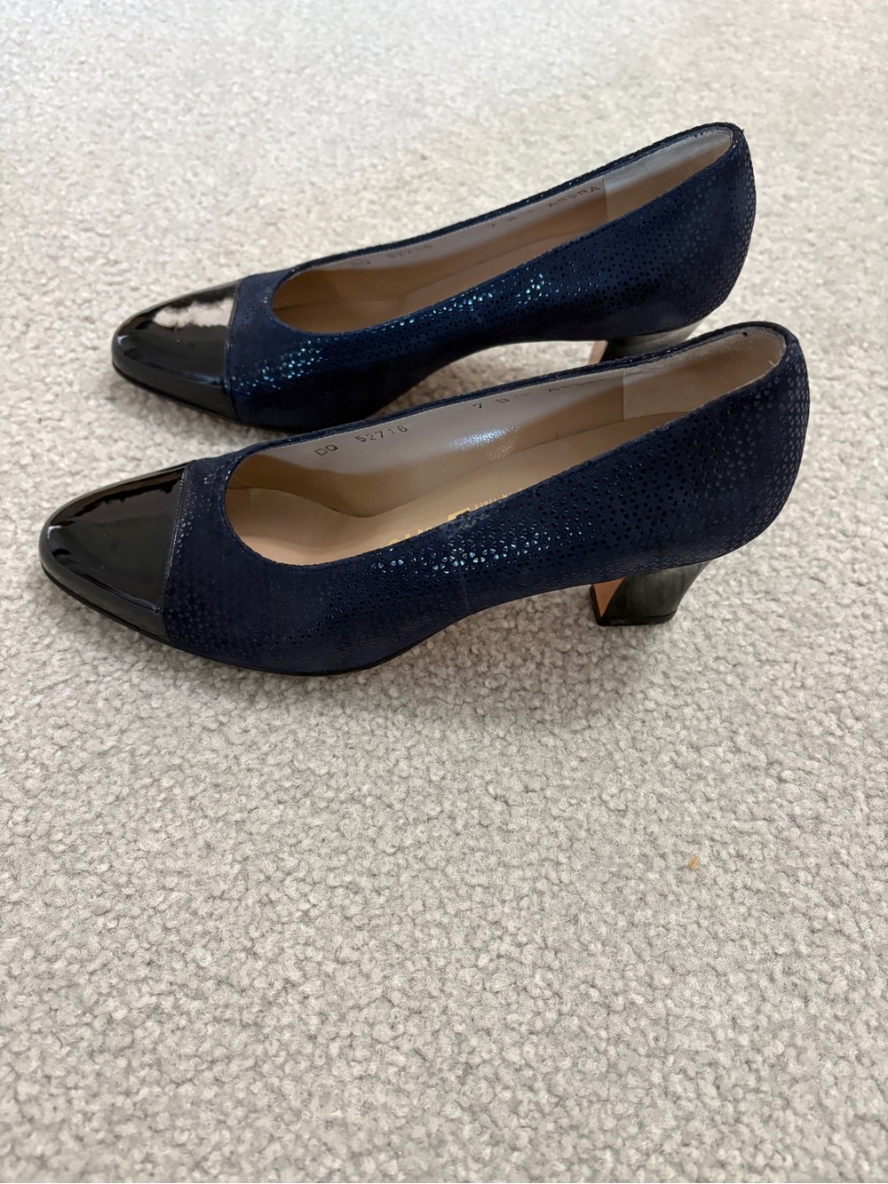 Salvatore Ferragamo Navy Suede Pumps with Black Patent Toe